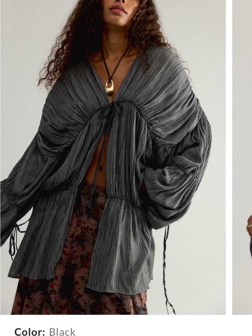 Free People Black Crinkled V-Neck Drawstring Tunic